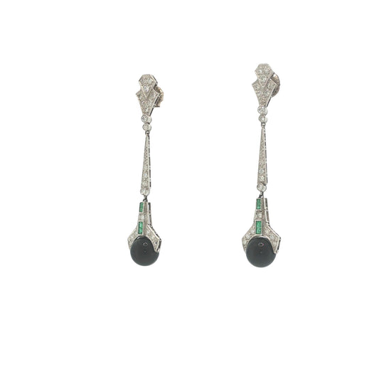 Art Deco Platinum Diamond, Emerald & Onyx Pendant Earrings