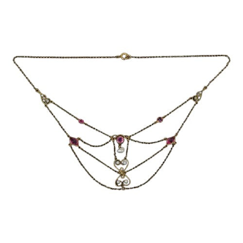 Art Nouveau Pink Topaz & Pearl Swag Necklace