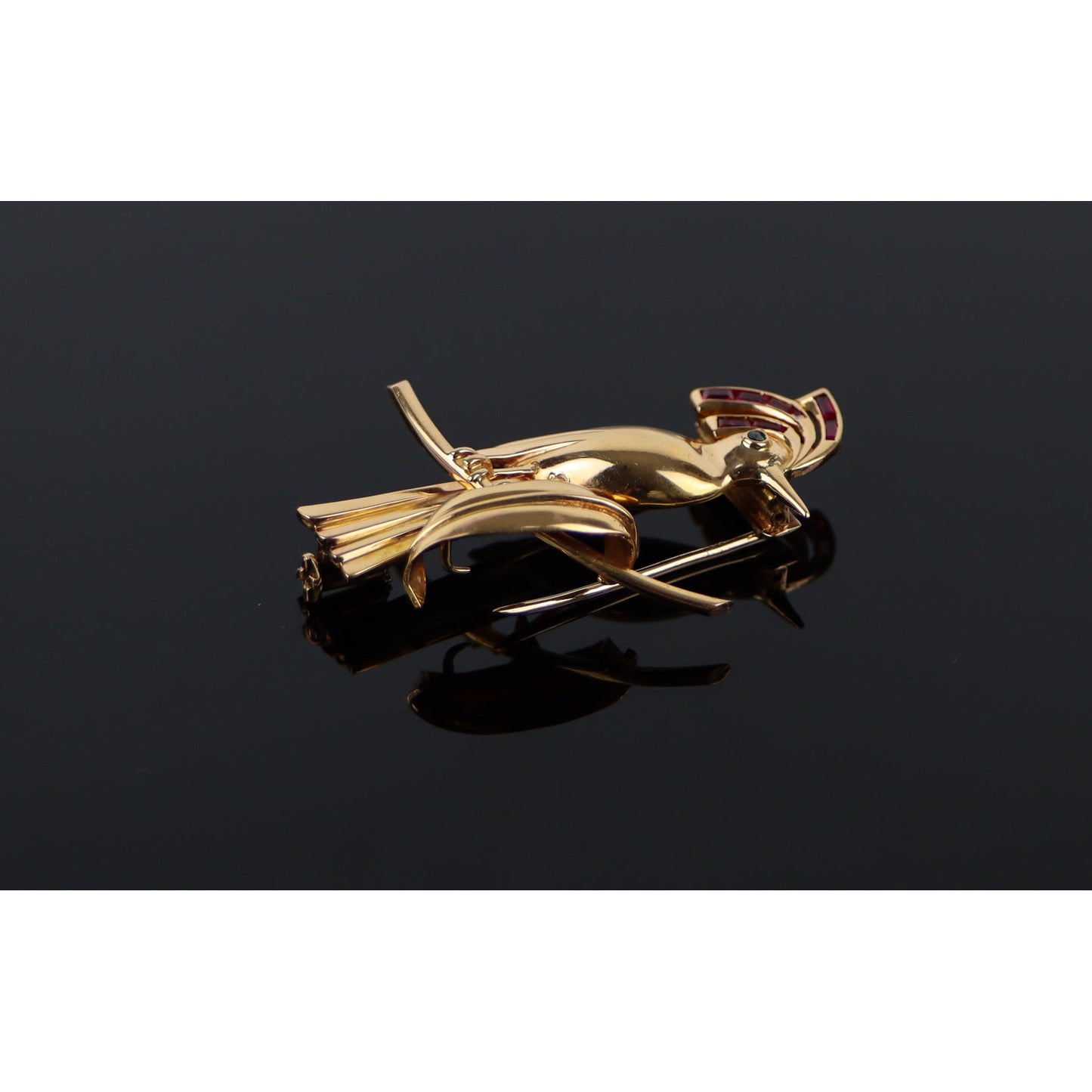 Retro 14k Gold Ruby Bird Brooch Pin