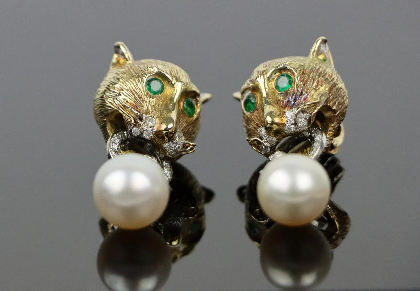 Vintage 14k Gold Gem Mounted Puma Form Earrings