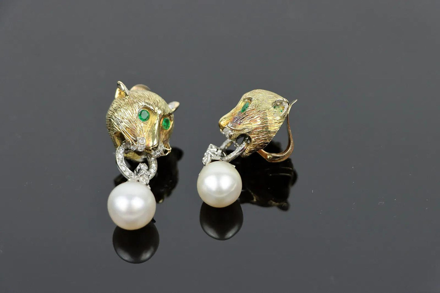 Vintage 14k Gold Gem Mounted Puma Form Earrings
