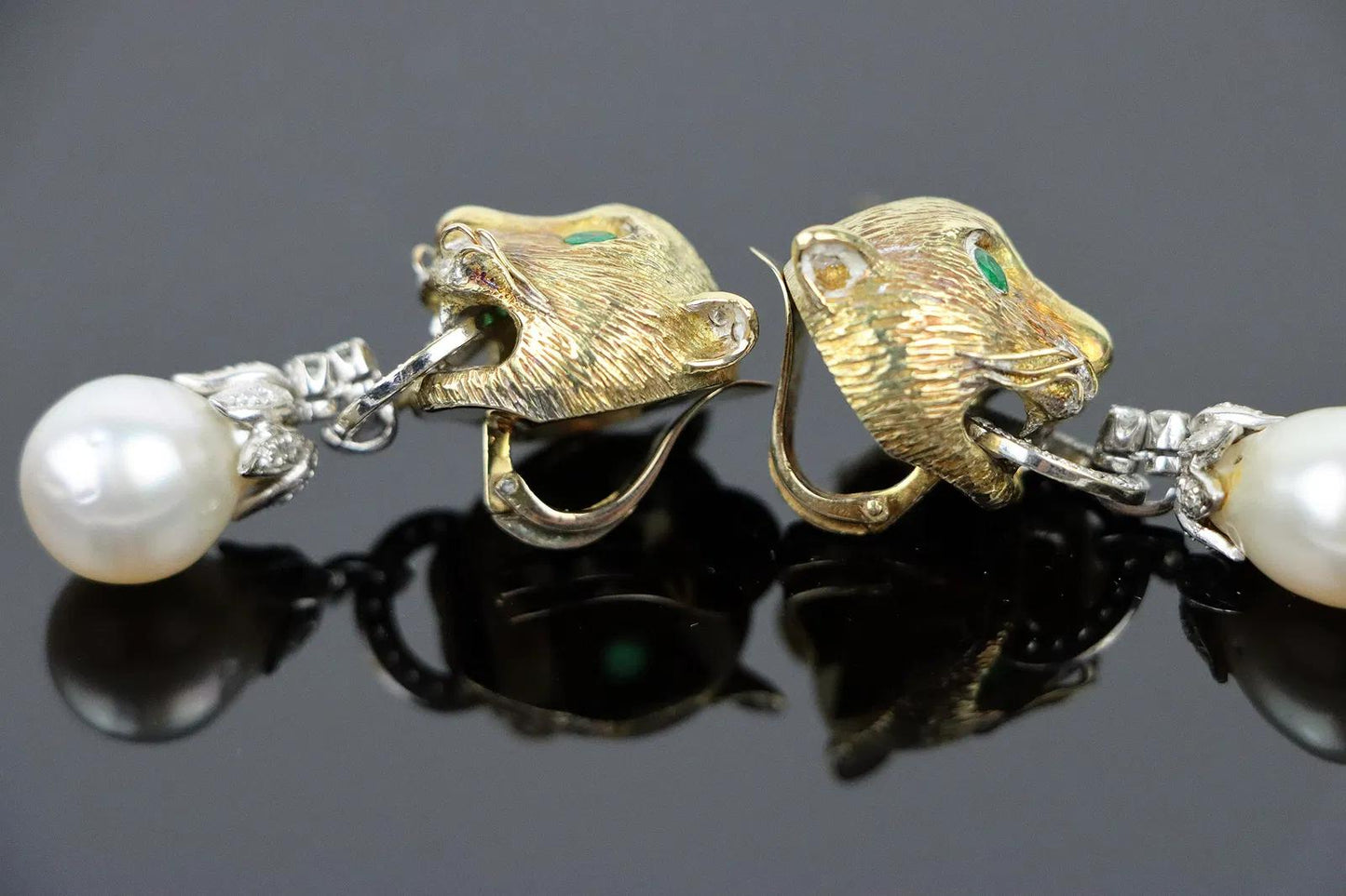 Vintage 14k Gold Gem Mounted Puma Form Earrings
