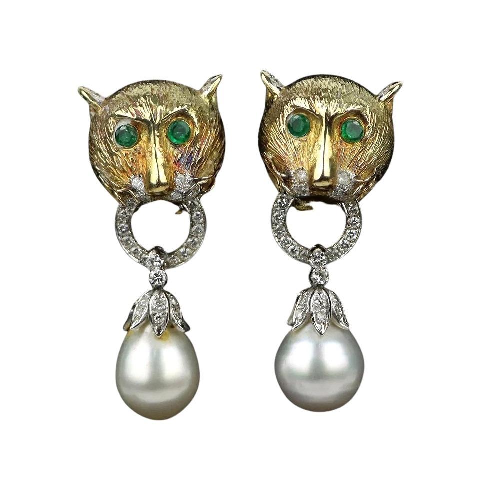 Vintage 14k Gold Gem Mounted Puma Form Earrings