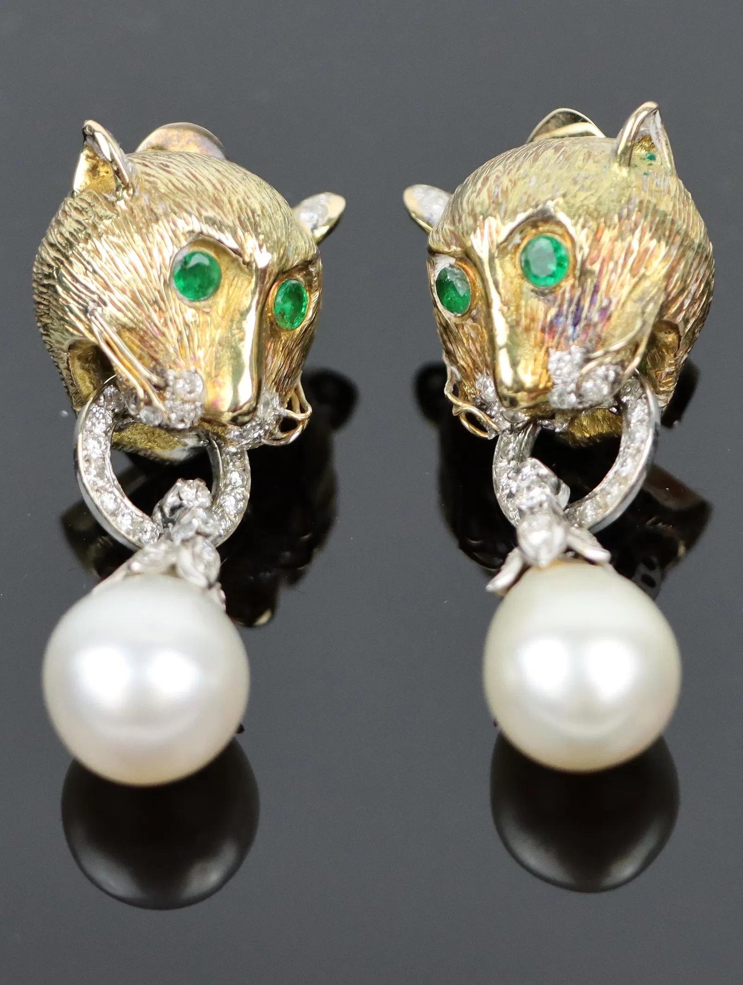 Vintage 14k Gold Gem Mounted Puma Form Earrings