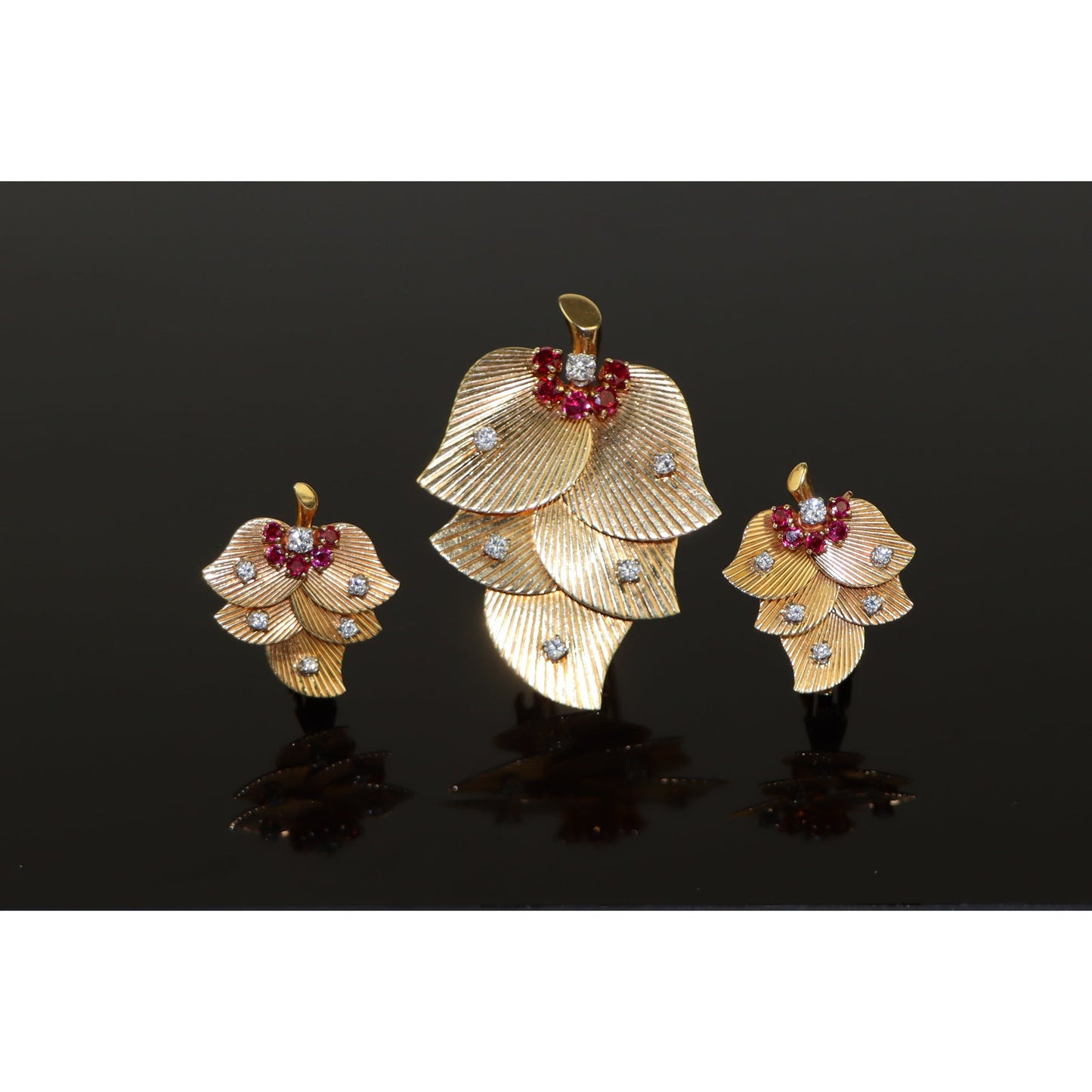 Retro George Schuler Tiffany & Co. Ruby & Diamond Earrings Brooch Set