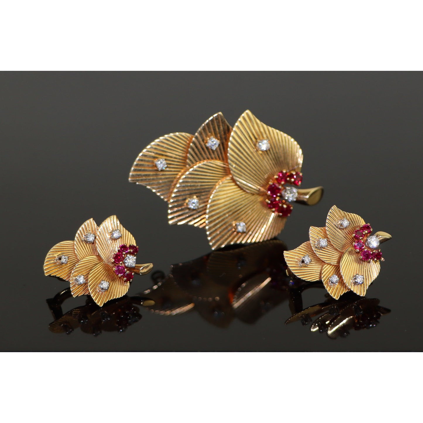 Retro George Schuler Tiffany & Co. Ruby & Diamond Earrings Brooch Set