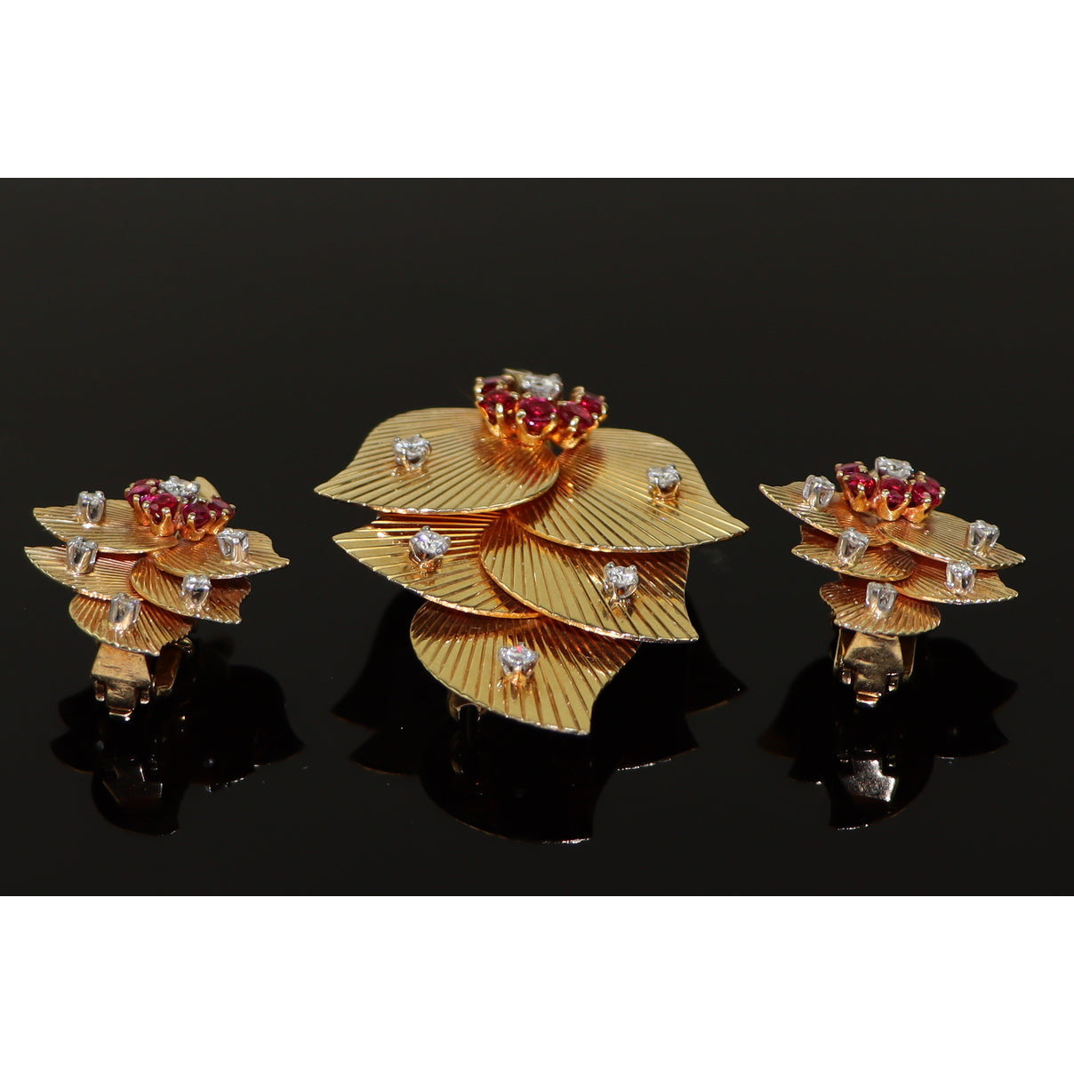 Retro George Schuler Tiffany & Co. Ruby & Diamond Earrings Brooch Set