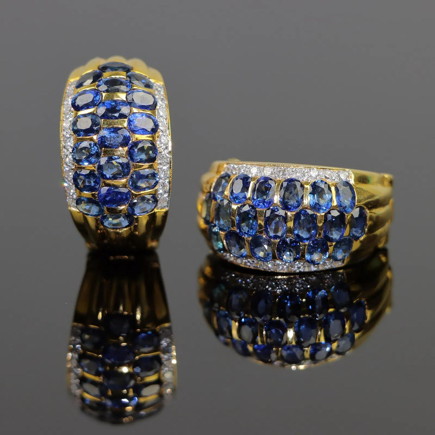 Vintage 18K Gold Diamond and Sapphire Huggie Earrings