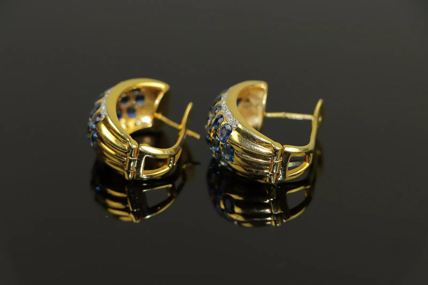 Vintage 18K Gold Diamond and Sapphire Huggie Earrings
