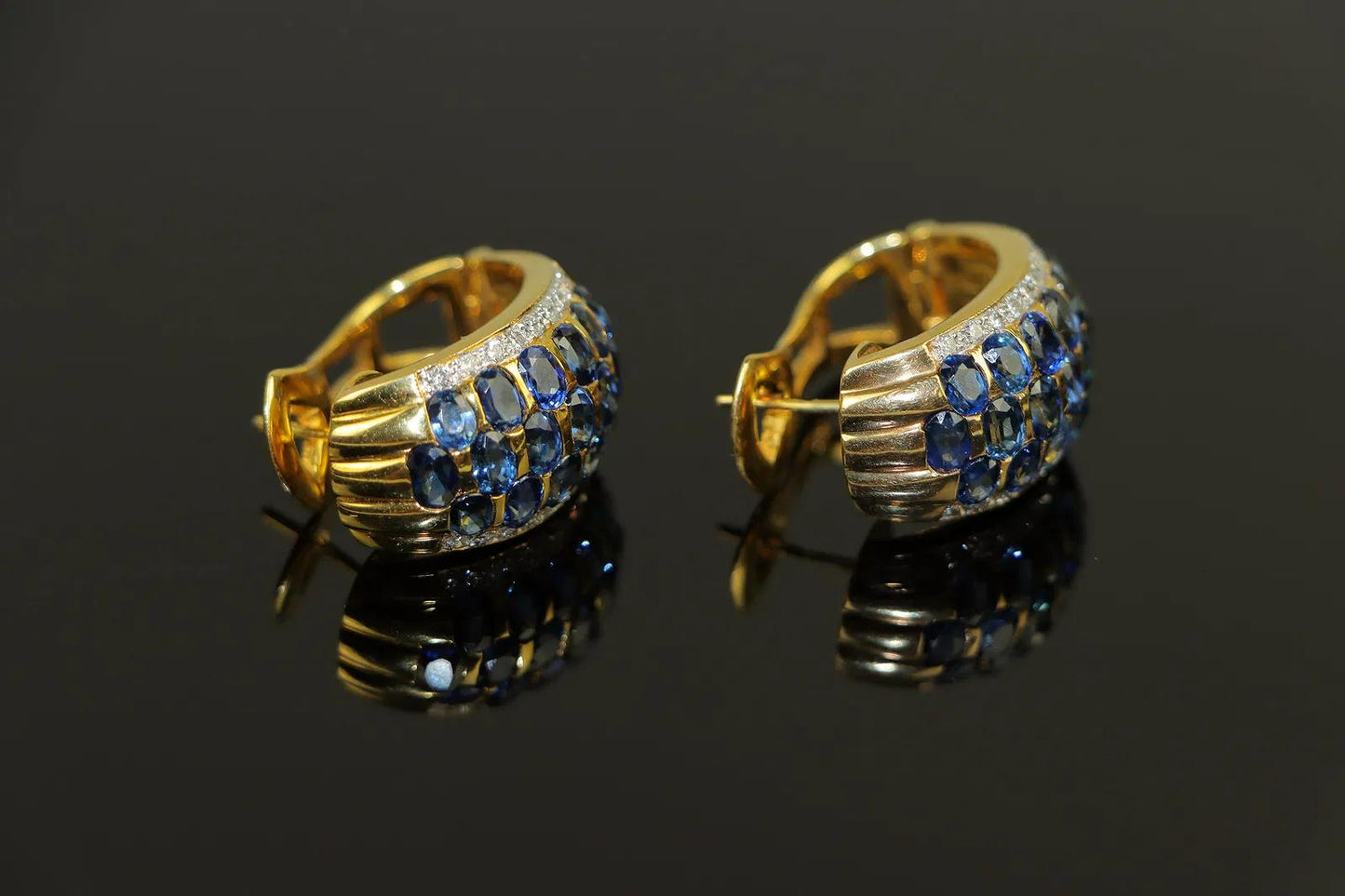 Vintage 18K Gold Diamond and Sapphire Huggie Earrings
