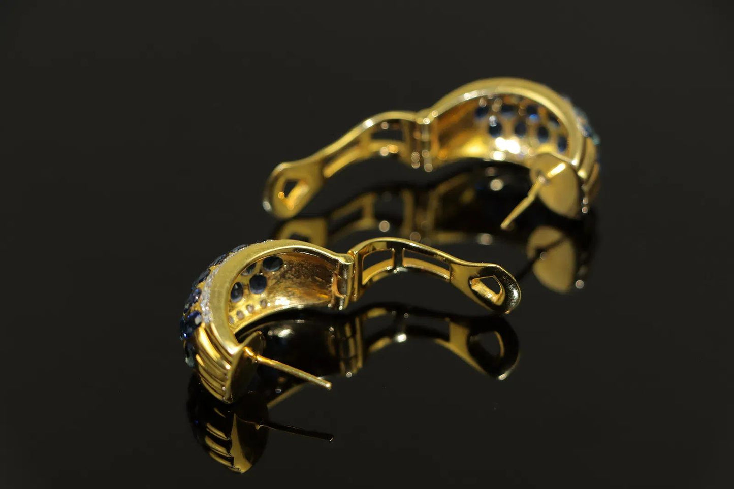 Vintage 18K Gold Diamond and Sapphire Huggie Earrings