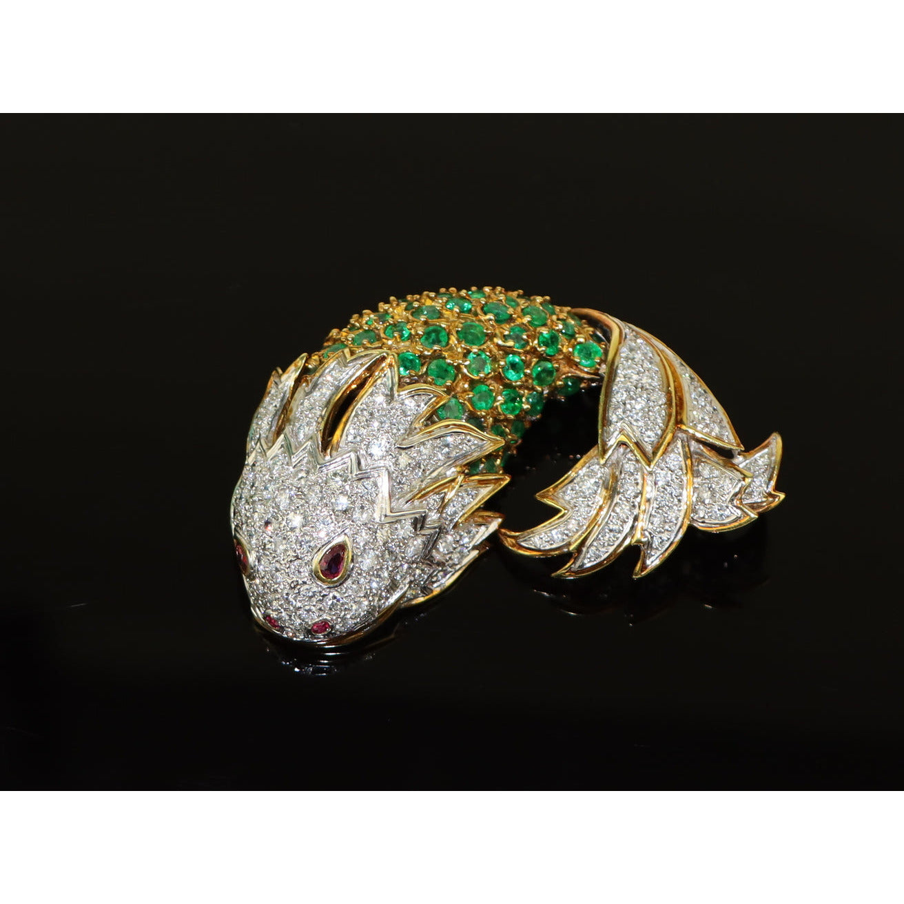 La Triomphe 18K Gold Diamond Emerald Ruby Fish Brooch Pin