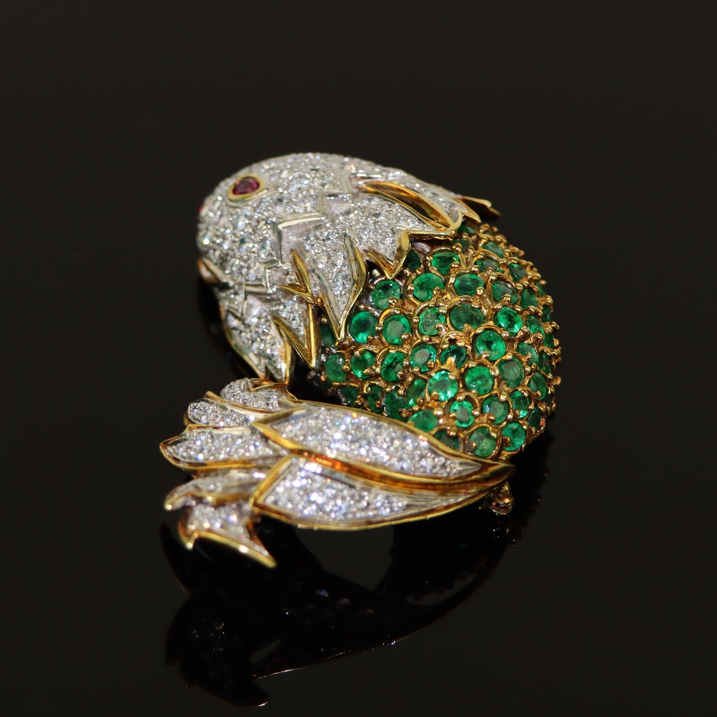 La Triomphe 18K Gold Diamond Emerald Ruby Fish Brooch Pin