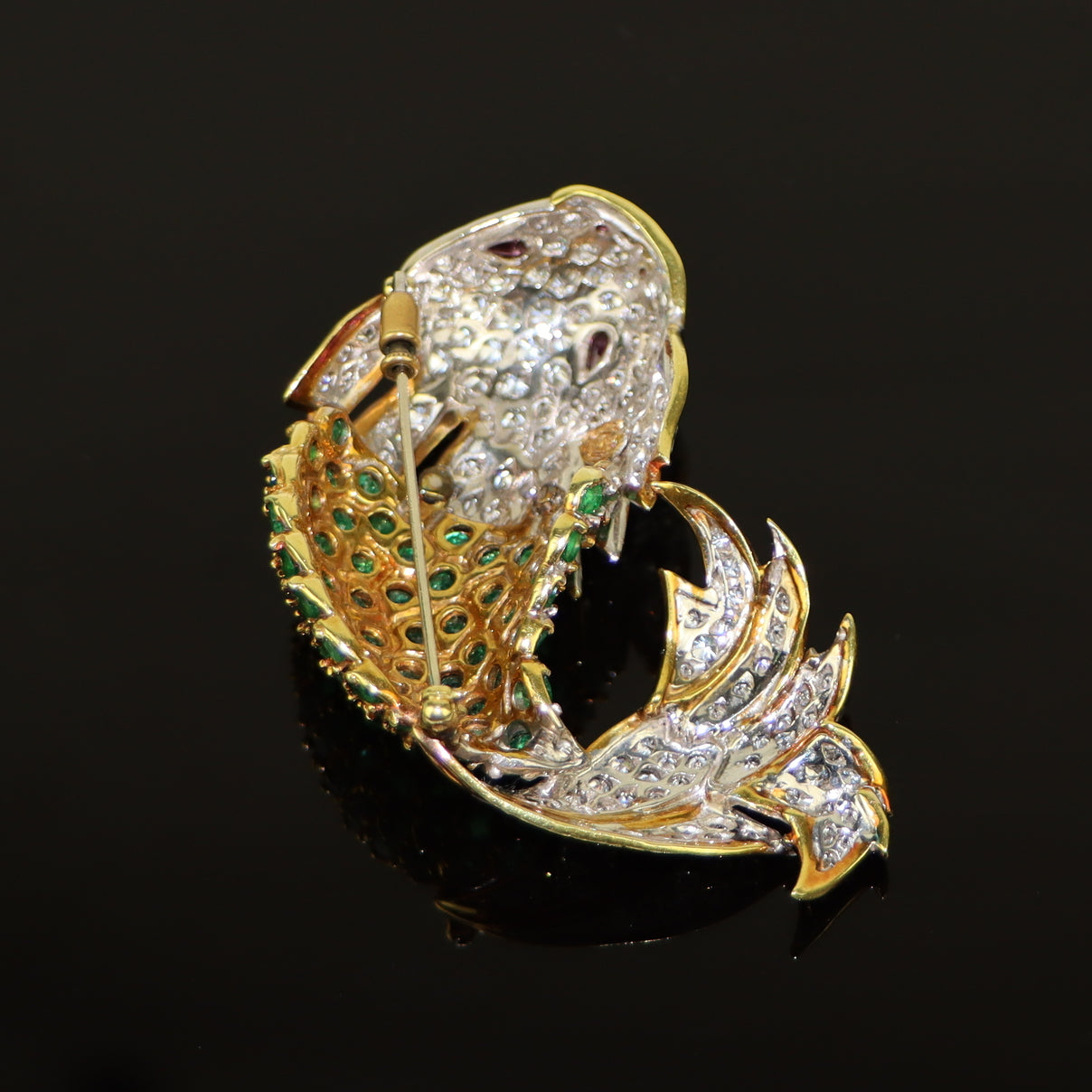 La Triomphe 18K Gold Diamond Emerald Ruby Fish Brooch Pin