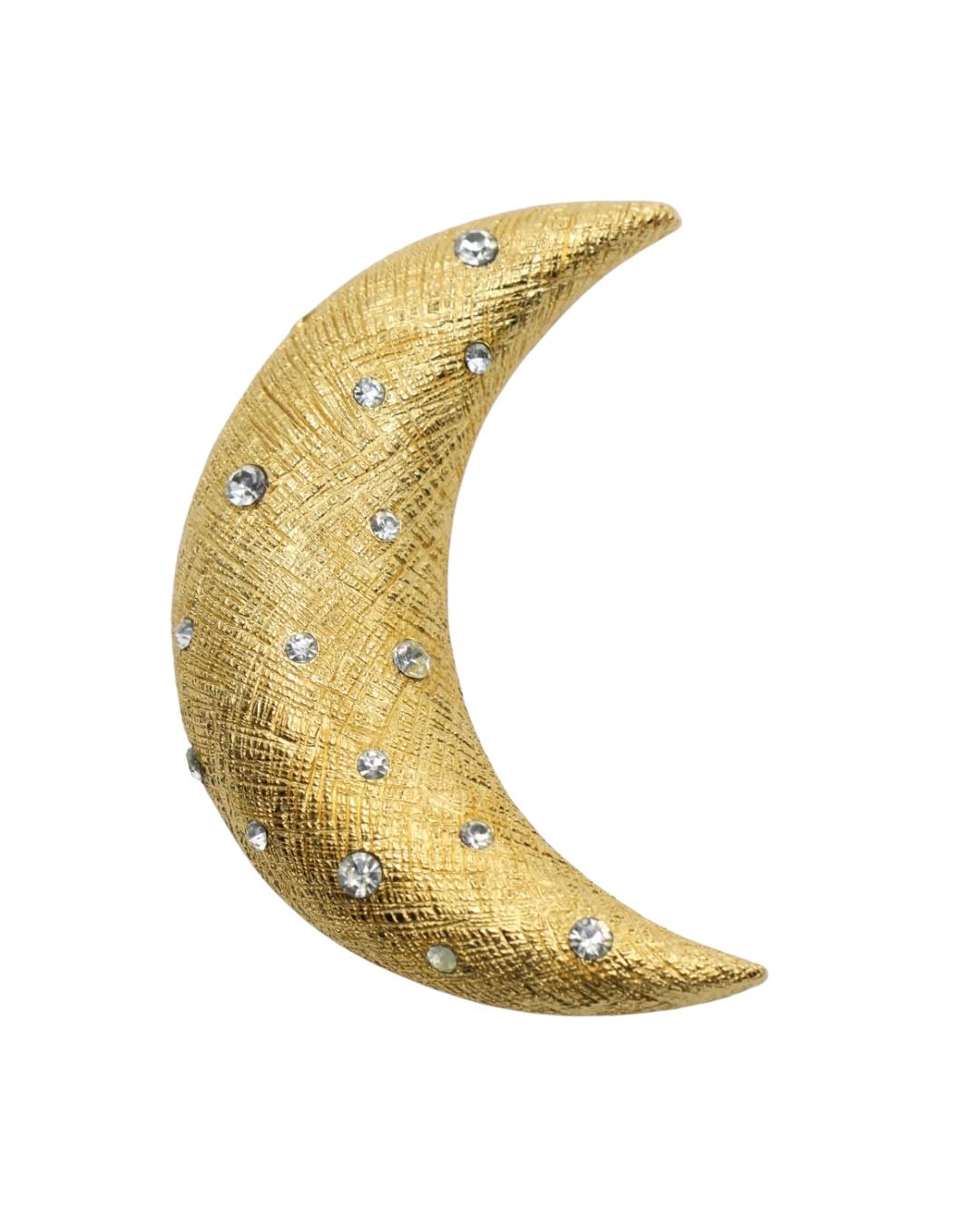 Vintage Christian Dior Gold Tone Rhinestones Moon Brooch Pin