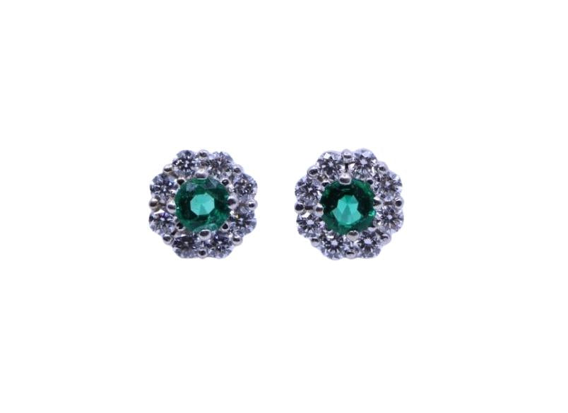 18K White Gold Emerald Diamonds Stud Earring