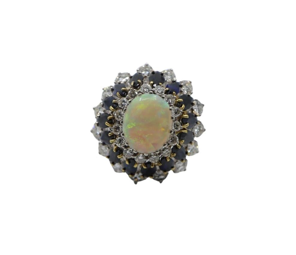 Vintage 14K White Gold Opal Sapphire Diamond Ring