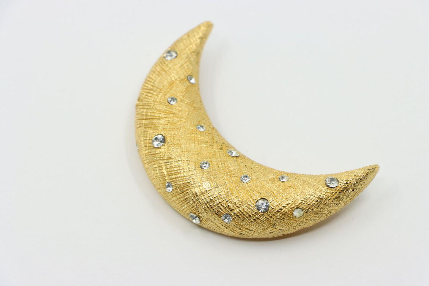 Vintage Christian Dior Gold Tone Rhinestones Moon Brooch Pin