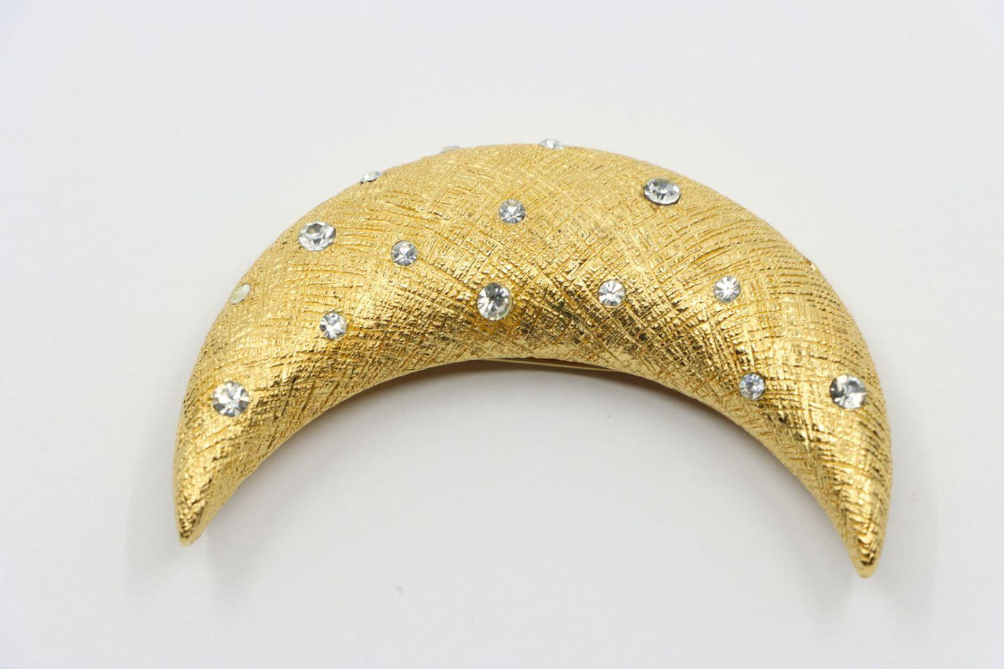 Vintage Christian Dior Gold Tone Rhinestones Moon Brooch Pin