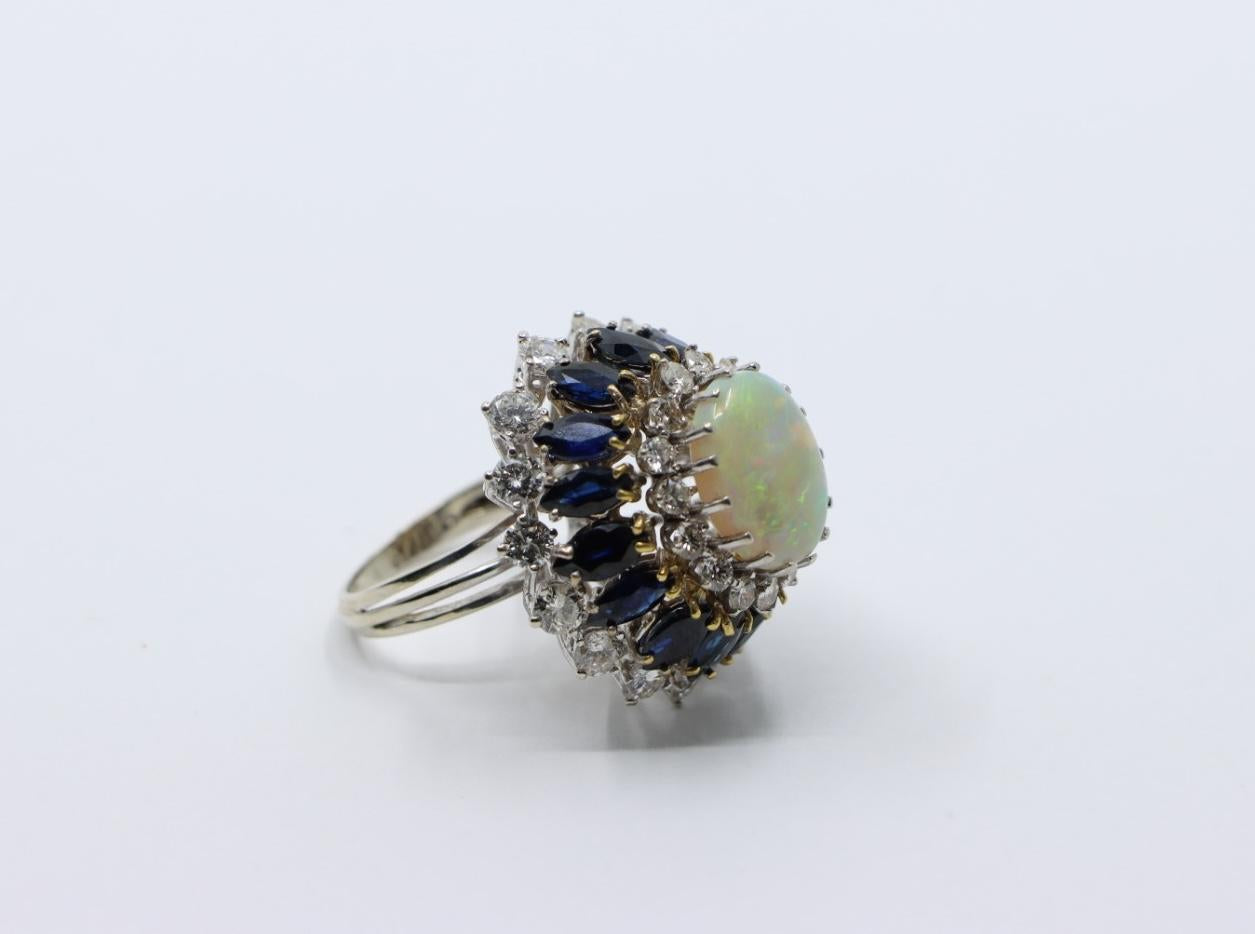Vintage 14K White Gold Opal Sapphire Diamond Ring