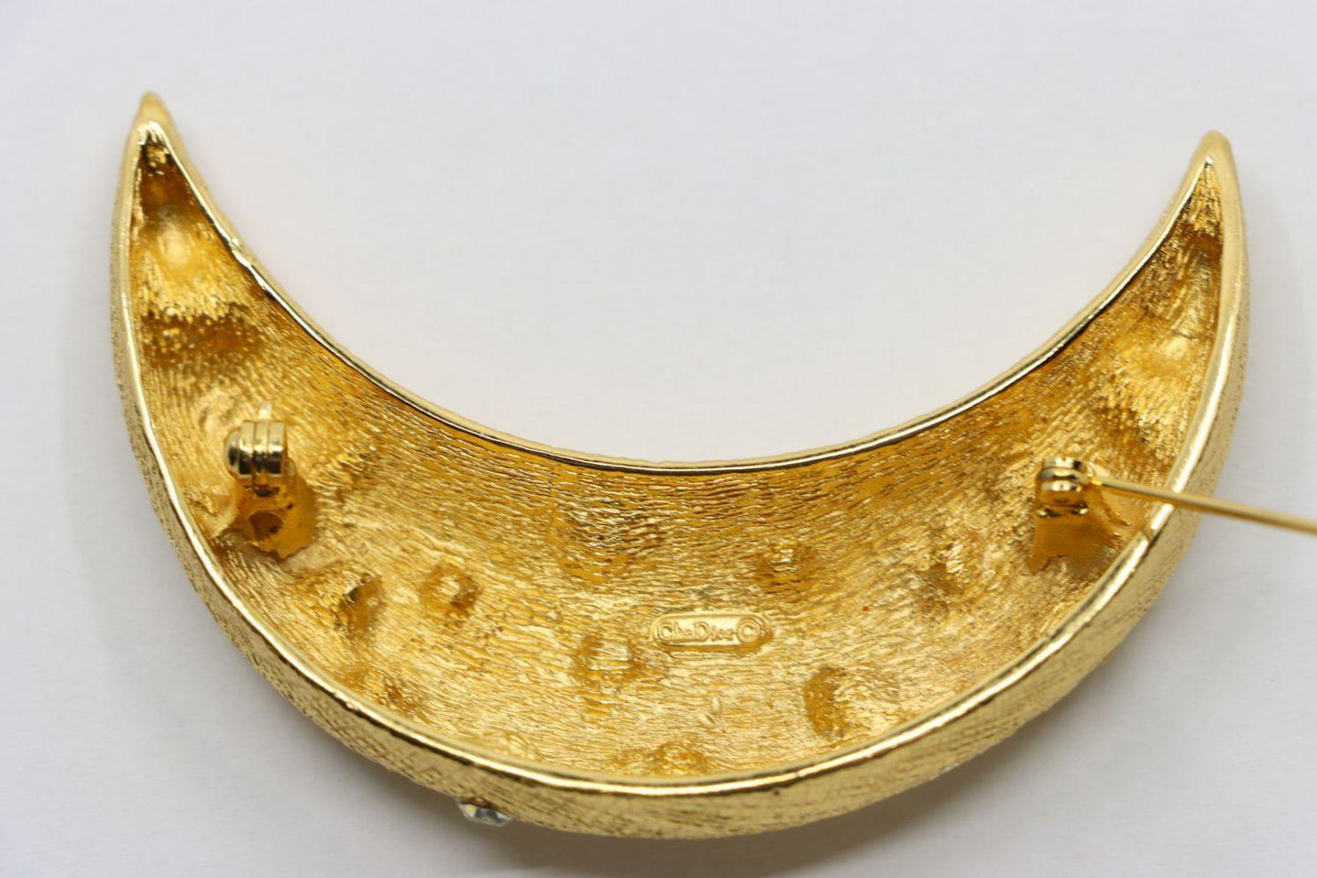 Vintage Christian Dior Gold Tone Rhinestones Moon Brooch Pin