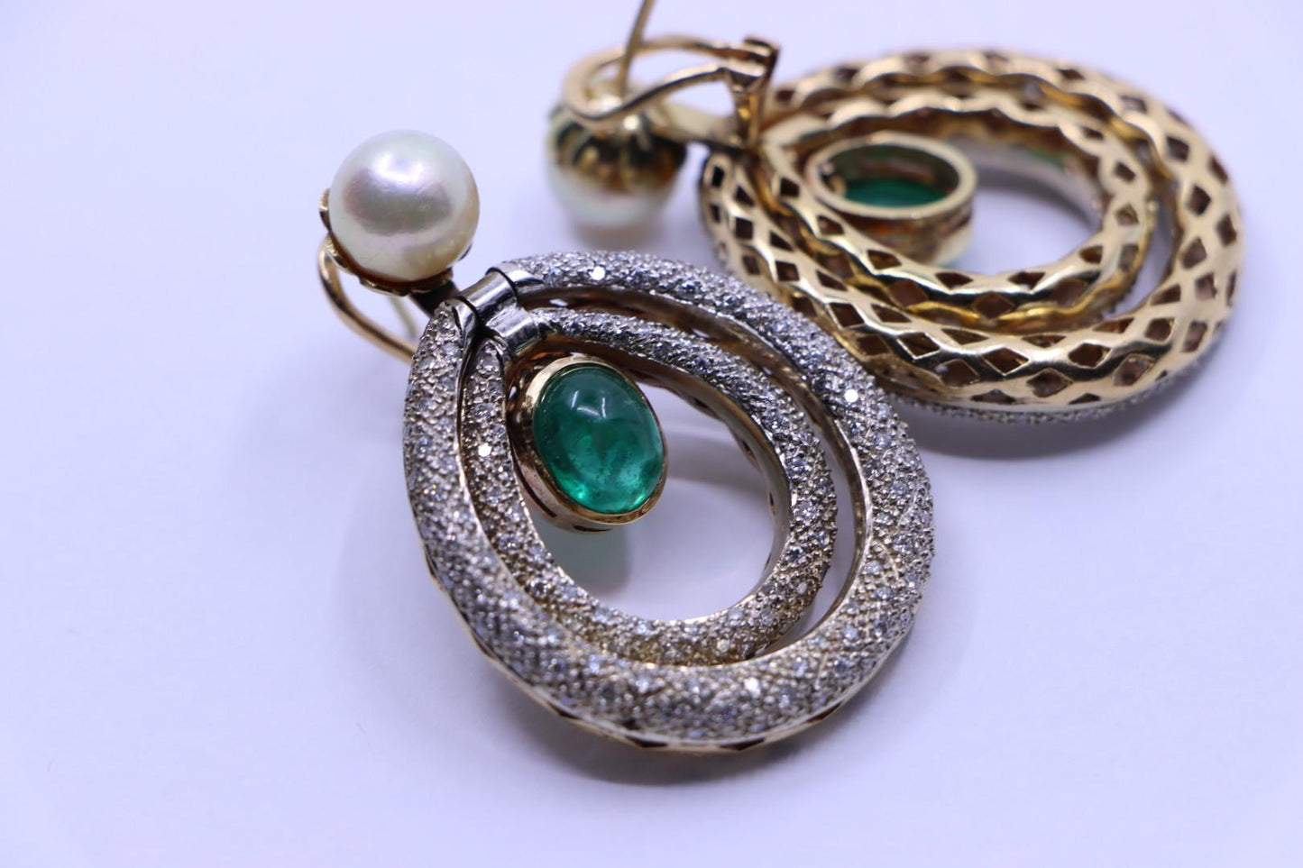 14K Gold Emerald Pearl Diamonds Earring