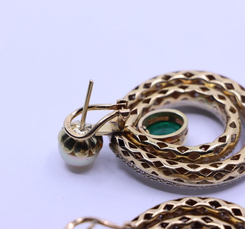 14K Gold Emerald Pearl Diamonds Earring
