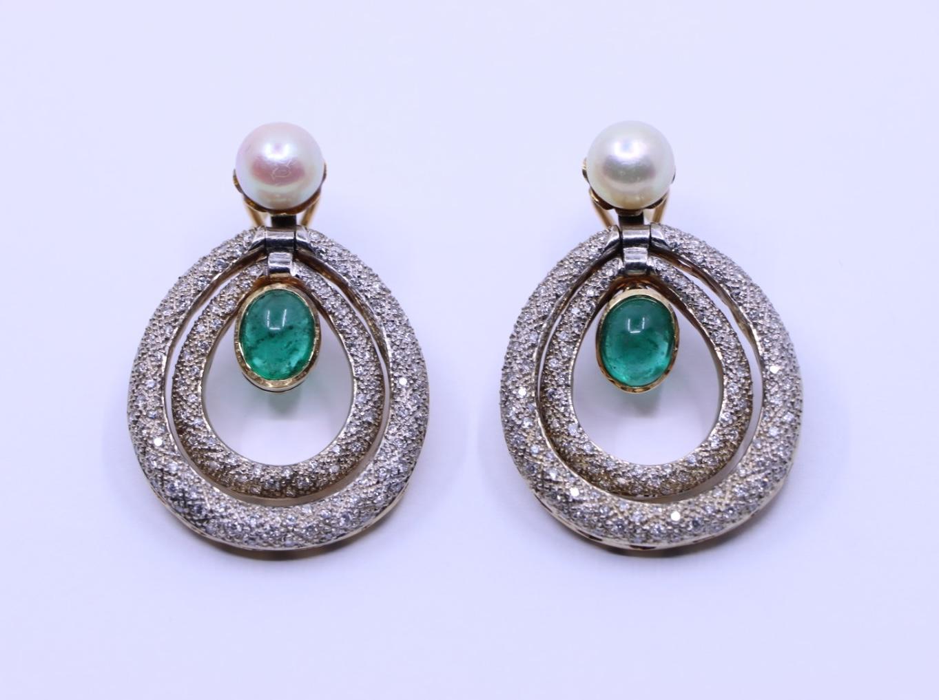 14K Gold Emerald Pearl Diamonds Earring