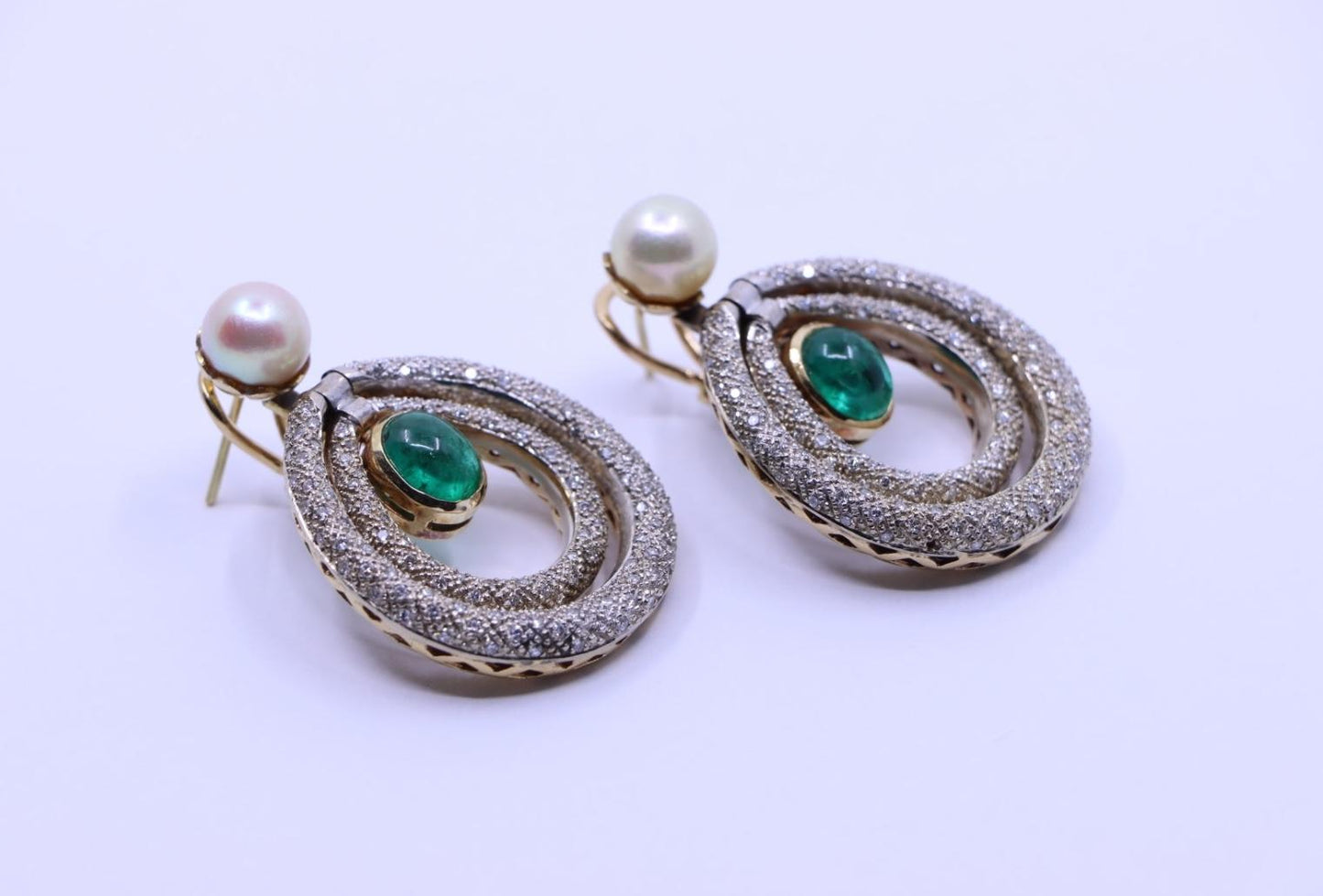 14K Gold Emerald Pearl Diamonds Earring