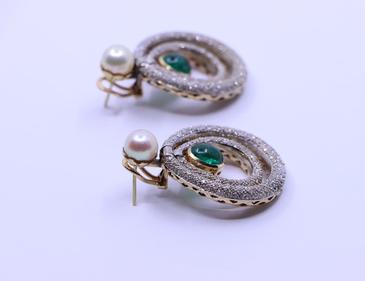 14K Gold Emerald Pearl Diamonds Earring