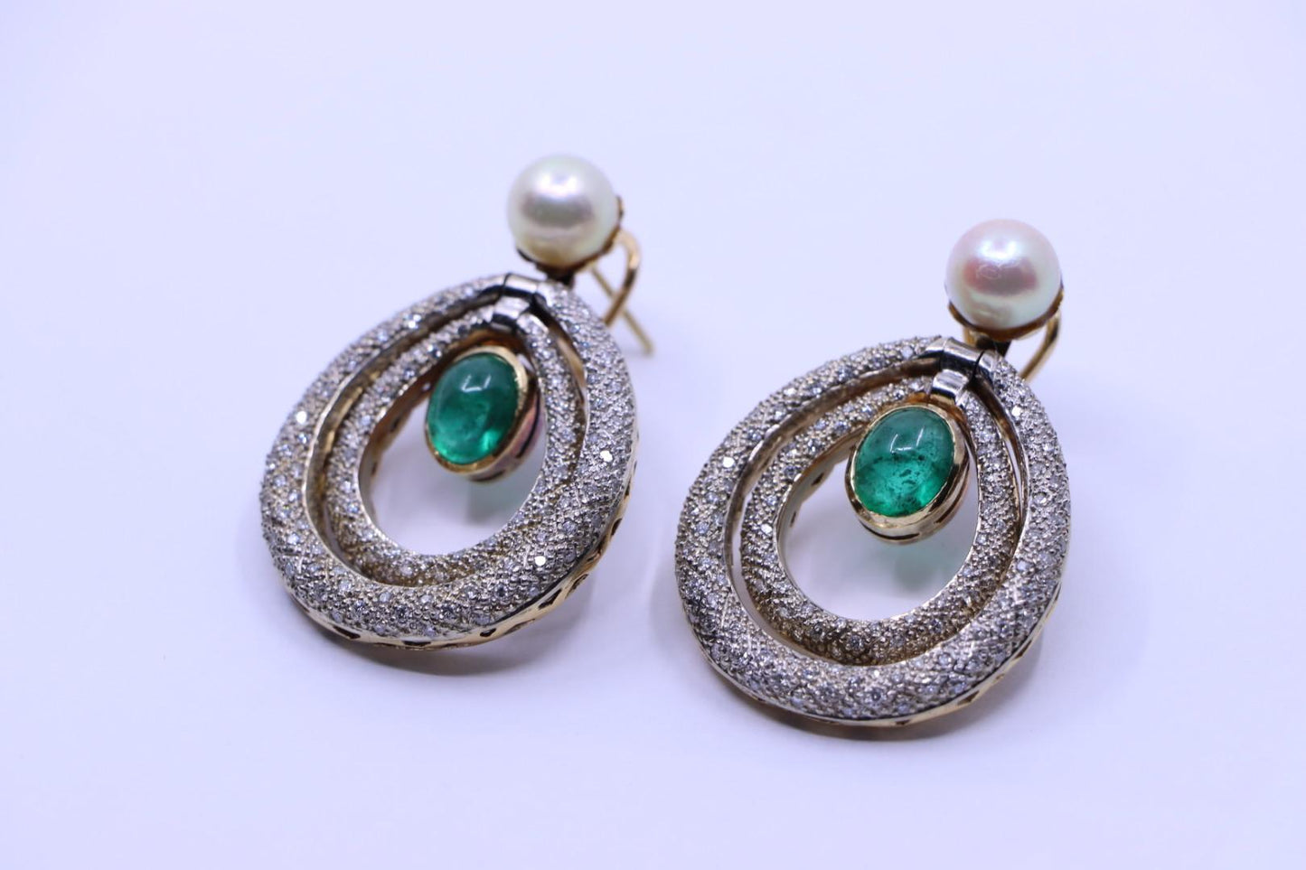 14K Gold Emerald Pearl Diamonds Earring