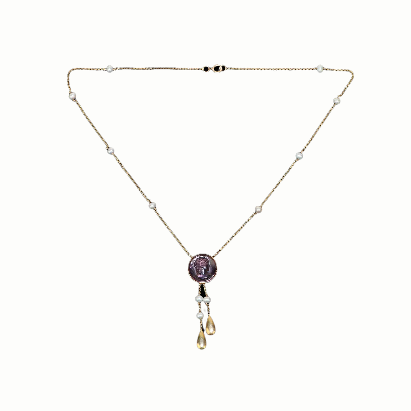 14K Gold Amethyst Intaglio Pearl Necklace
