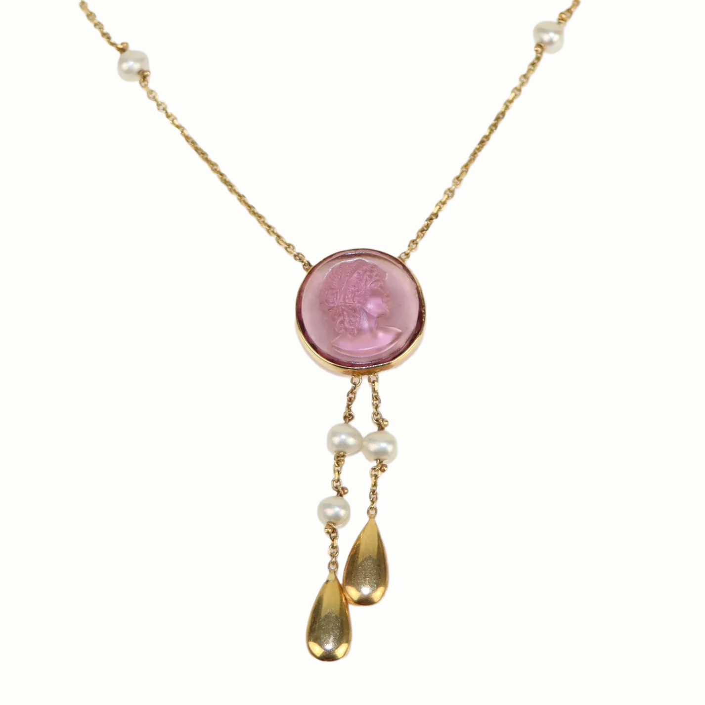 14K Gold Amethyst Intaglio Pearl Necklace