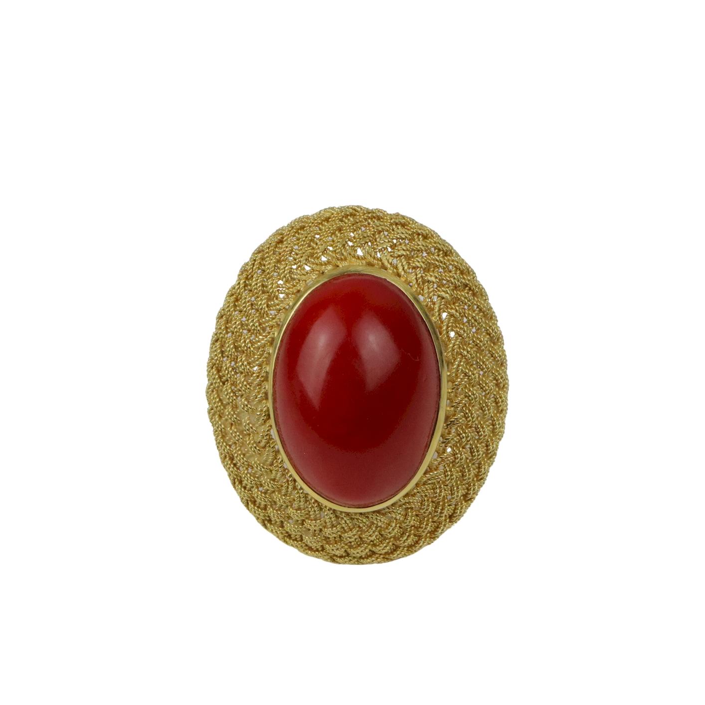 Large Vintage 14K Gold Red Coral Cabochon Ring