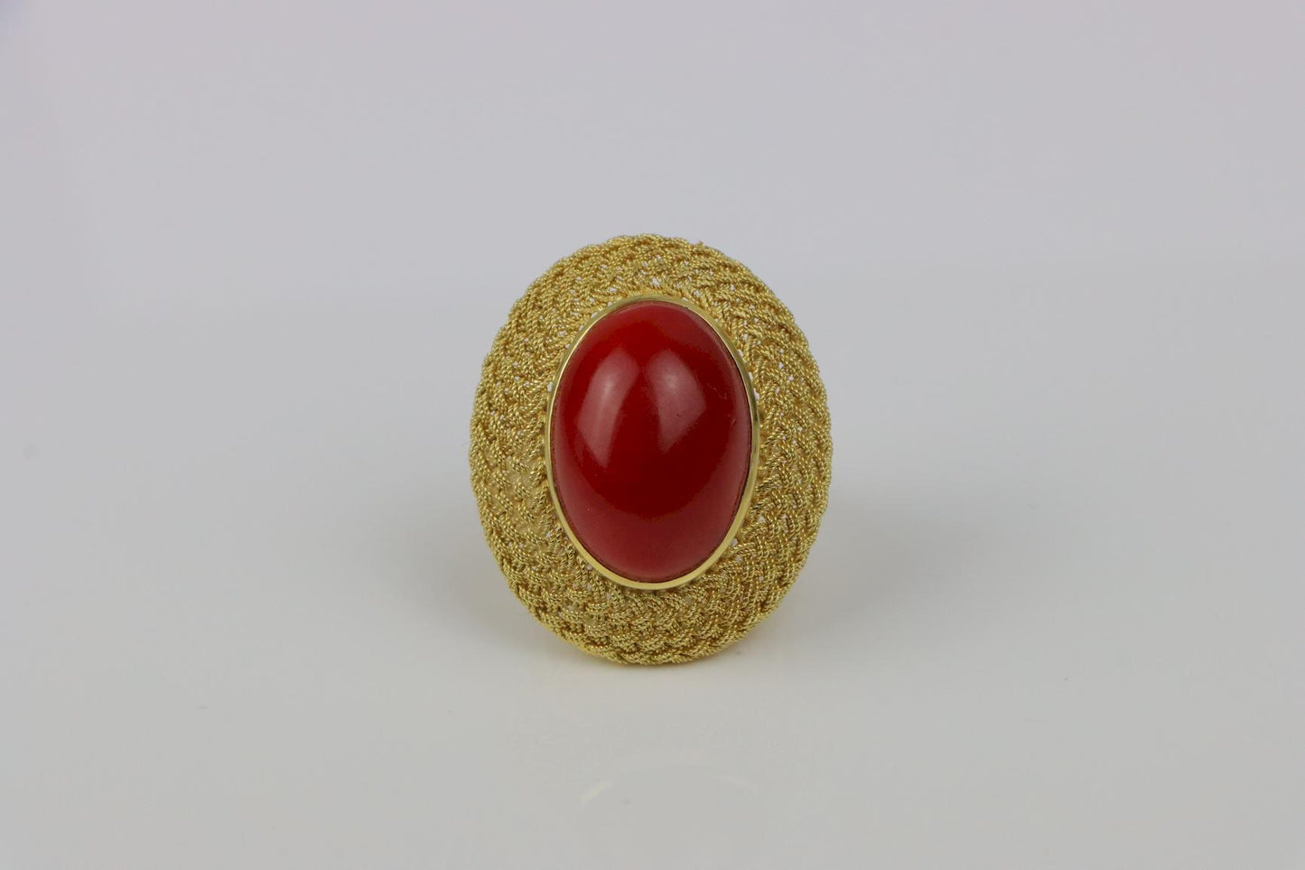 Large Vintage 14K Gold Red Coral Cabochon Ring
