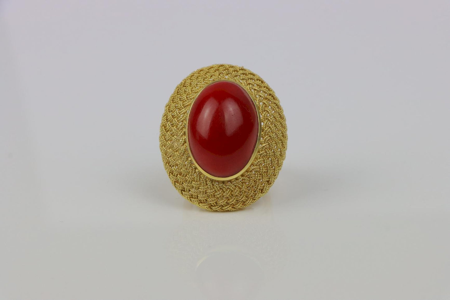 Large Vintage 14K Gold Red Coral Cabochon Ring