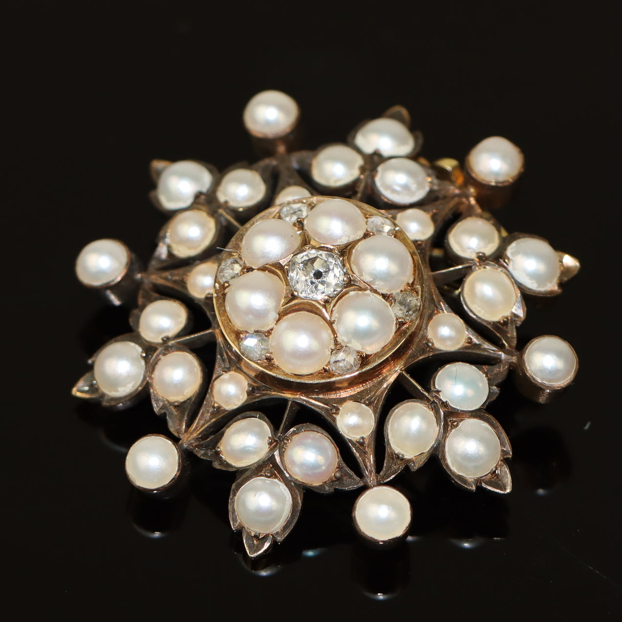 Victorian 14K Gold Pearl Diamond Pendant