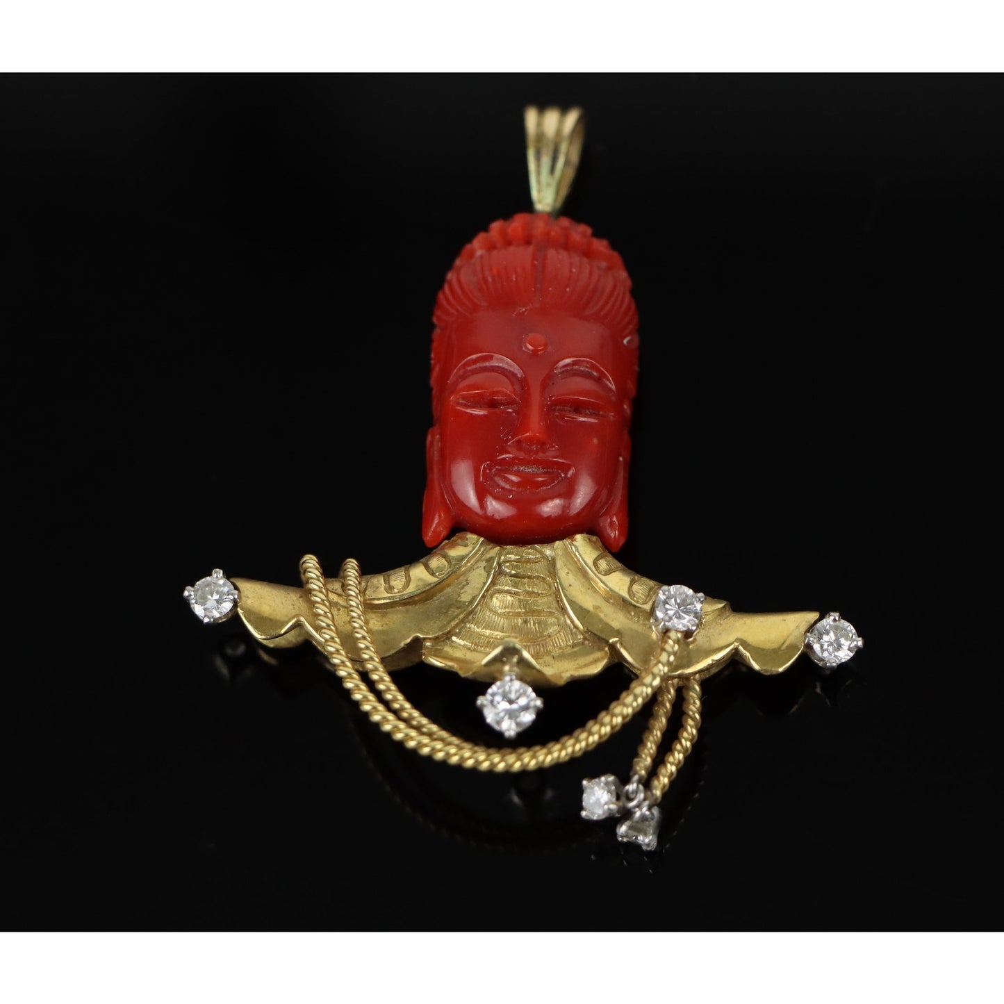 18K Gold Diamond Coral Buddha Pendant