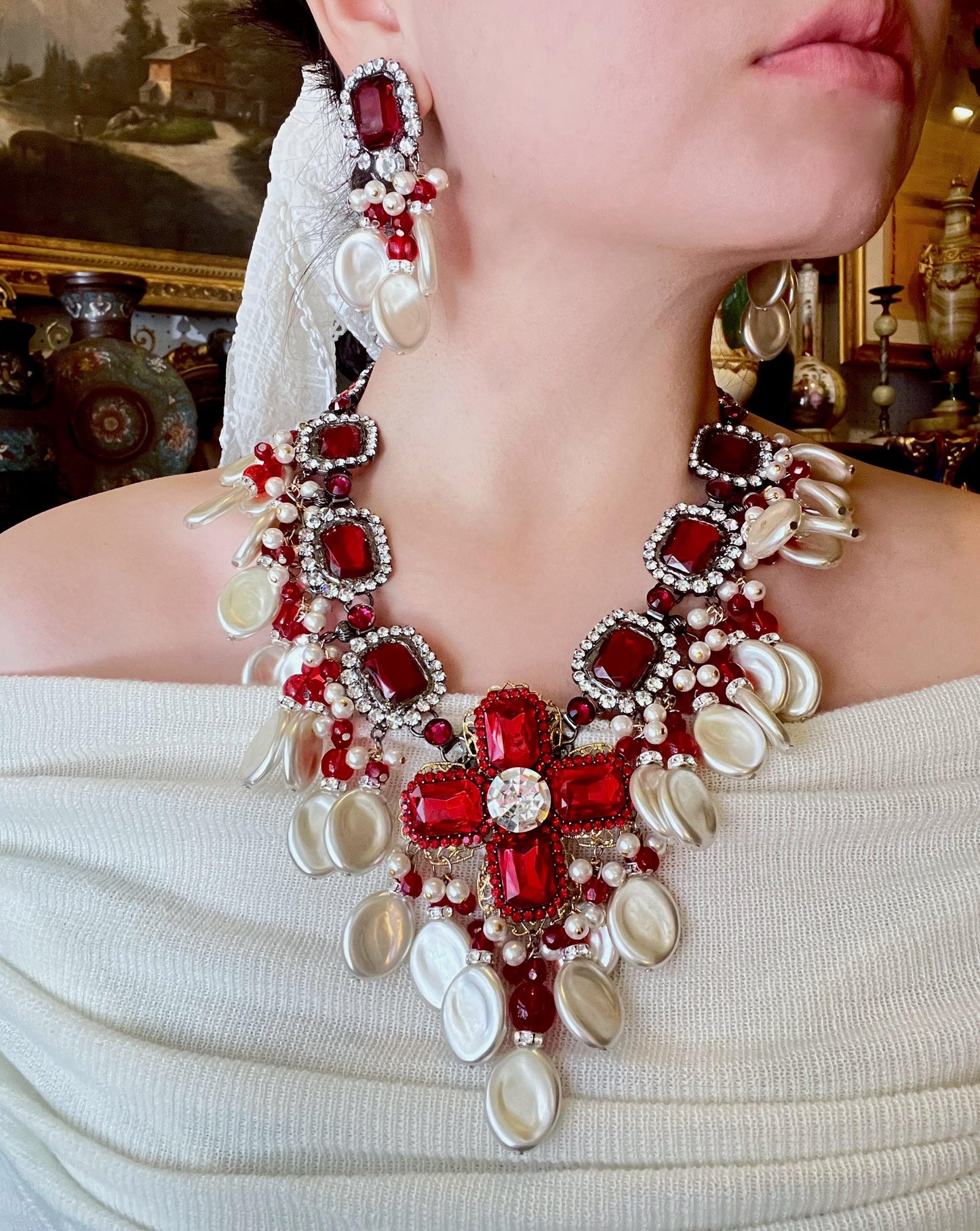 A Set Of Lawrence Vrba Red Rhinestone Faux Baroque Pearl Necklace Earrings