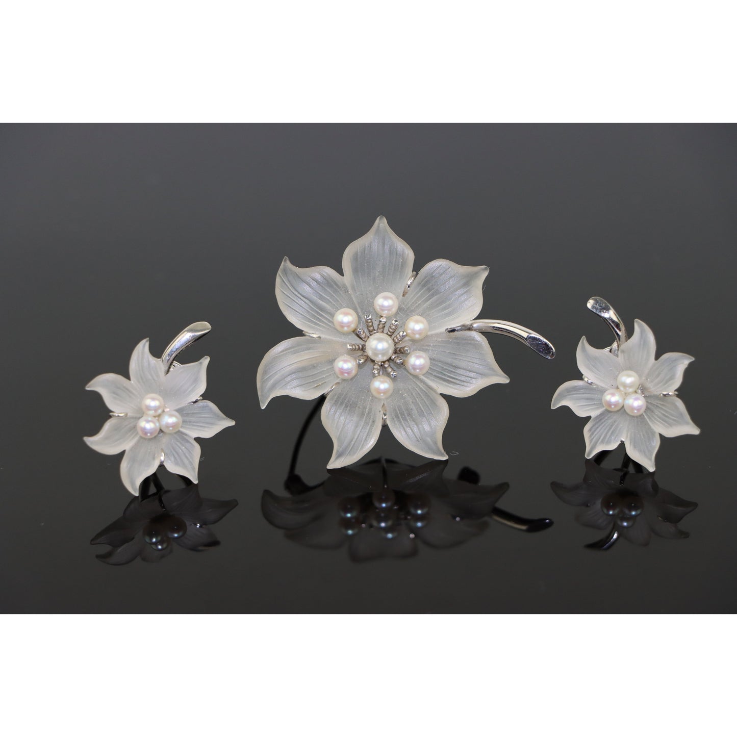 Vintage 14K White Gold Crystal & Pearl Brooch Pin Earrings Set
