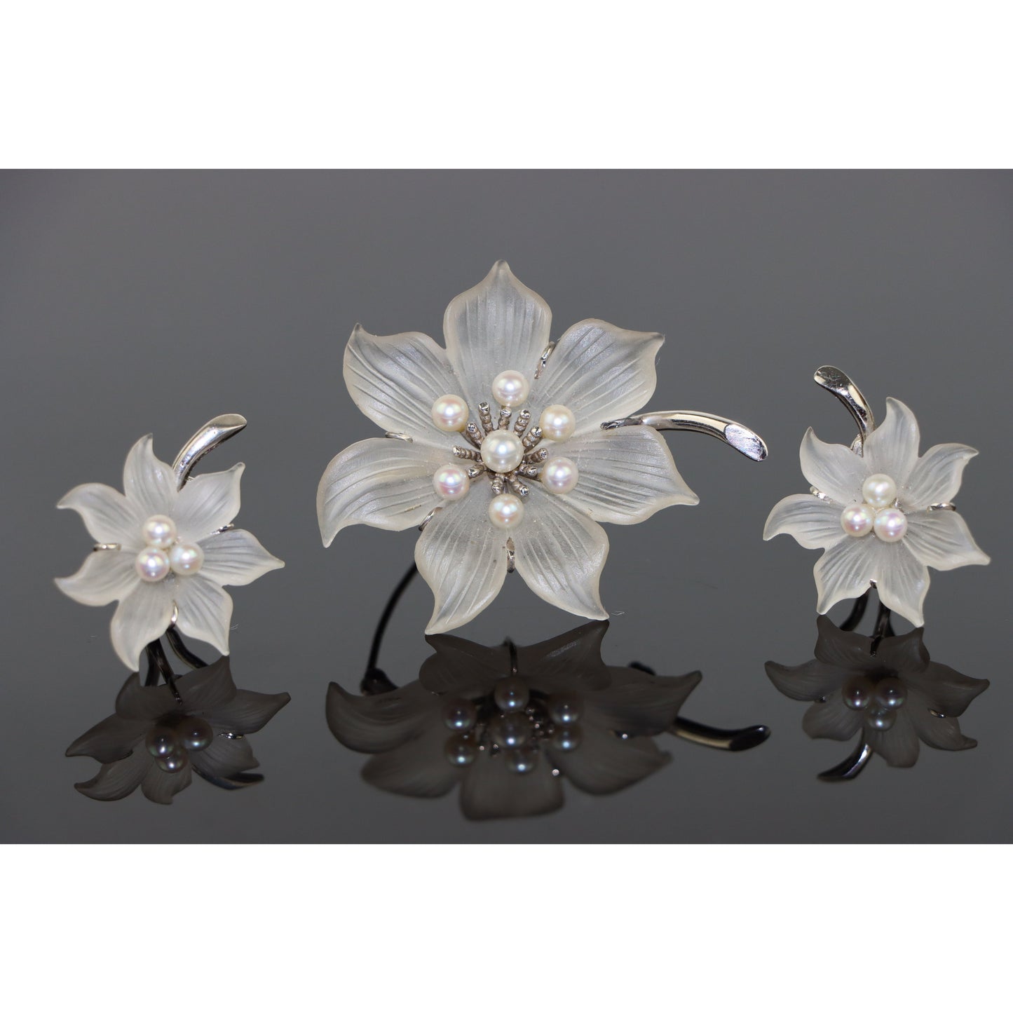 Vintage 14K White Gold Crystal & Pearl Brooch Pin Earrings Set