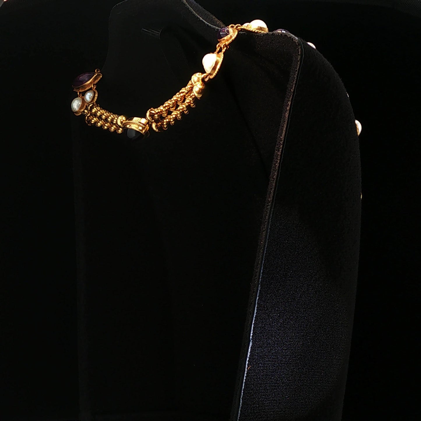 Vintage 18K Yellow Gold Amethyst & Pearl Fringe Bib Necklace