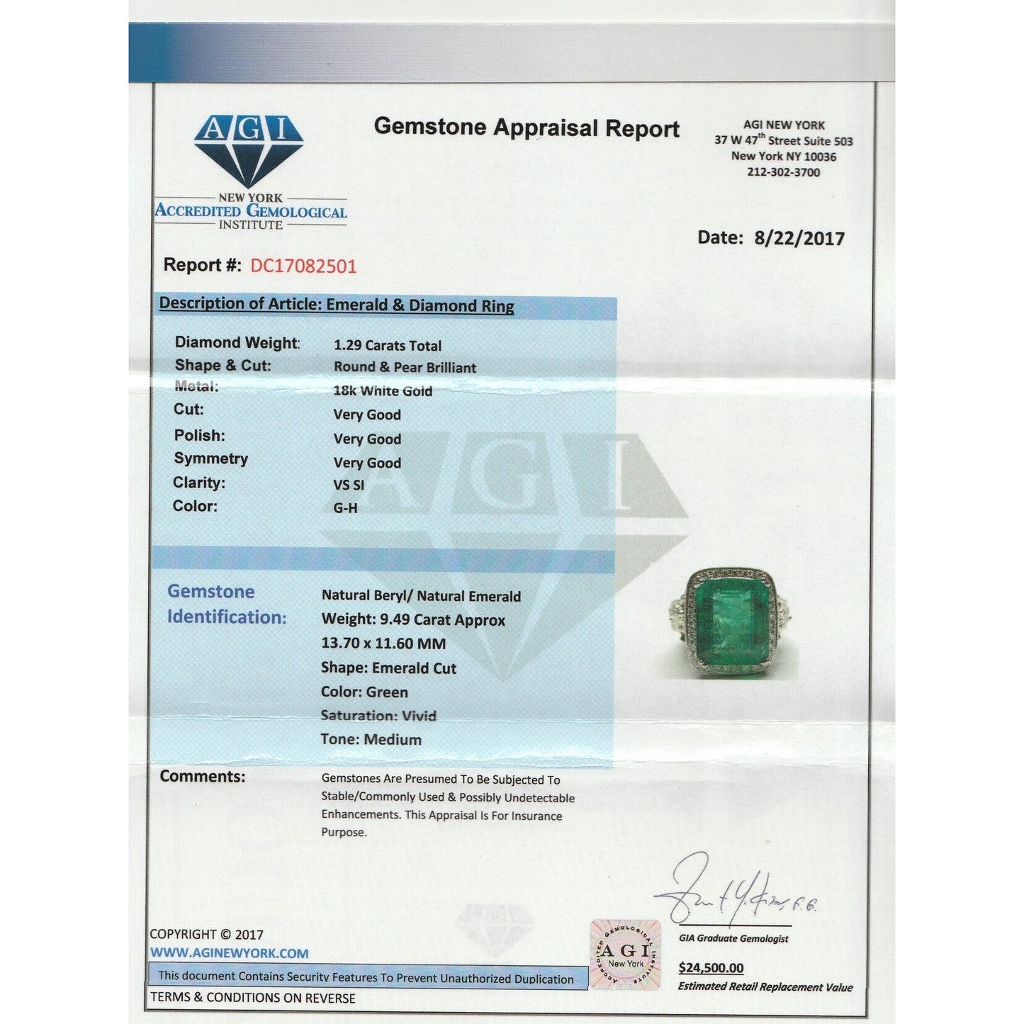 AGI Appraised 9.5 Carat Emerald Ring