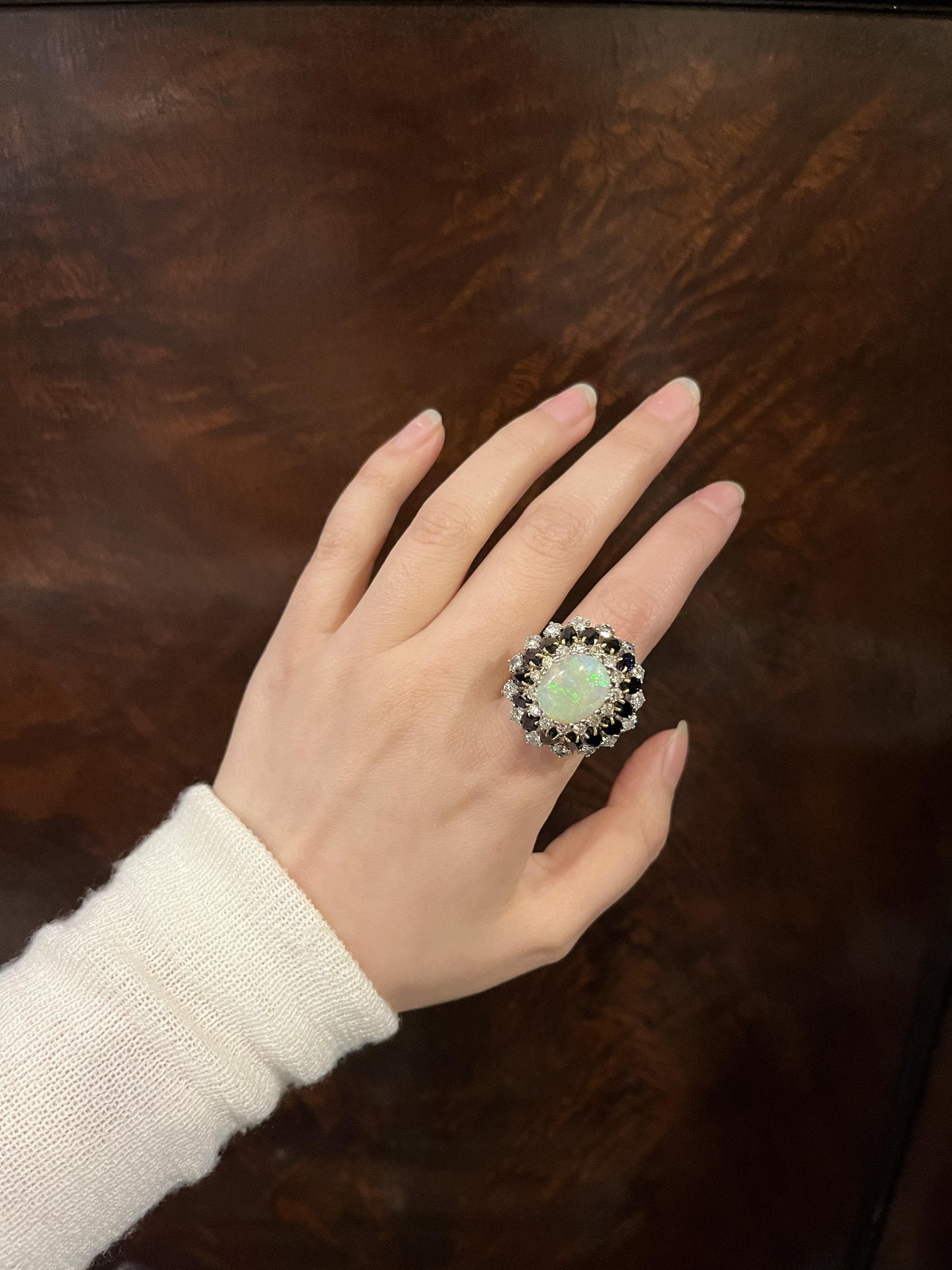 Vintage 14K White Gold Opal Sapphire Diamond Ring