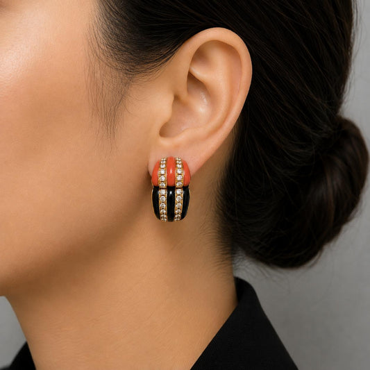A VINTAGE PAIR OF PARIS FRENCH 18K GOLD CORAL & ONYX DIAMOND CLIP ON EARRINGS