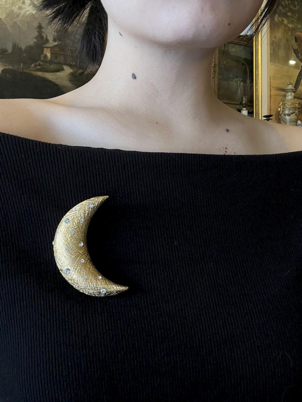 Vintage Christian Dior Gold Tone Rhinestones Moon Brooch Pin