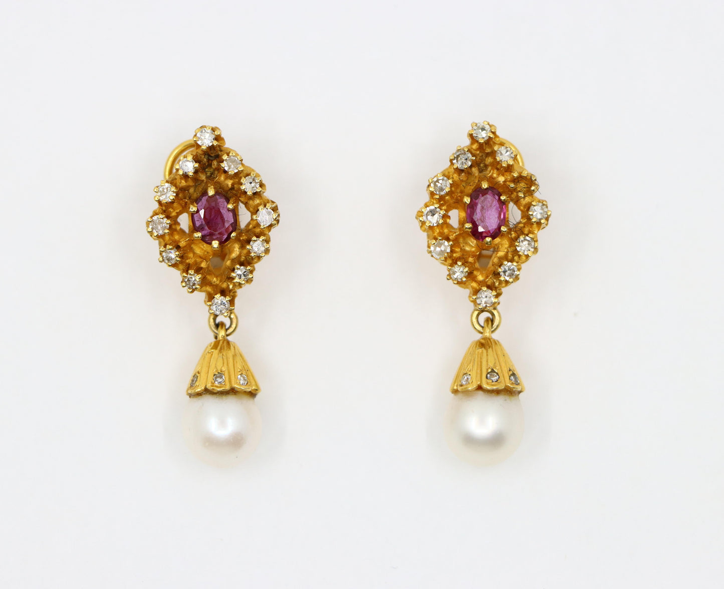 Vintage 14k Gold Ruby Diamonds Pearl Earrings