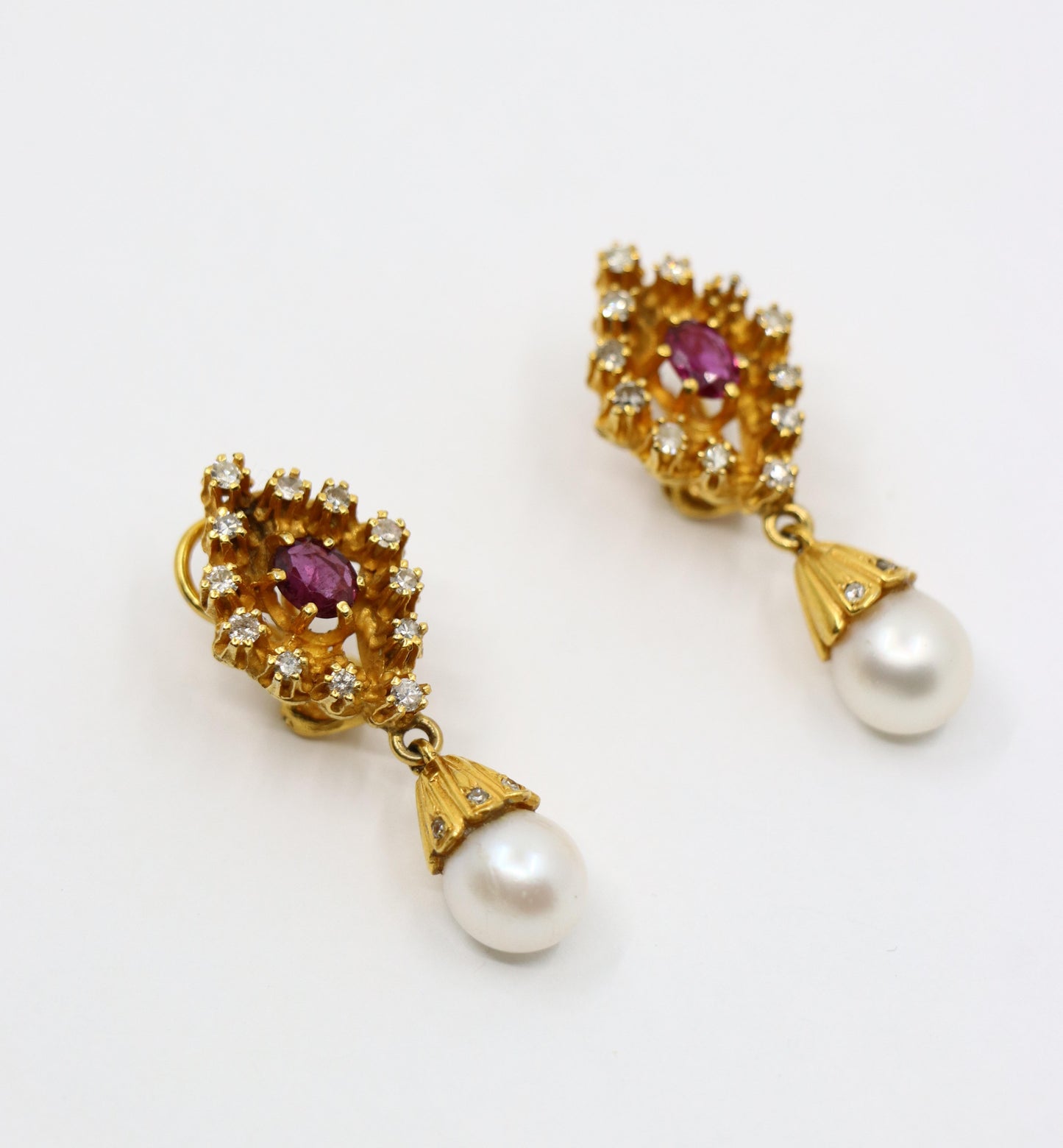 Vintage 14k Gold Ruby Diamonds Pearl Earrings
