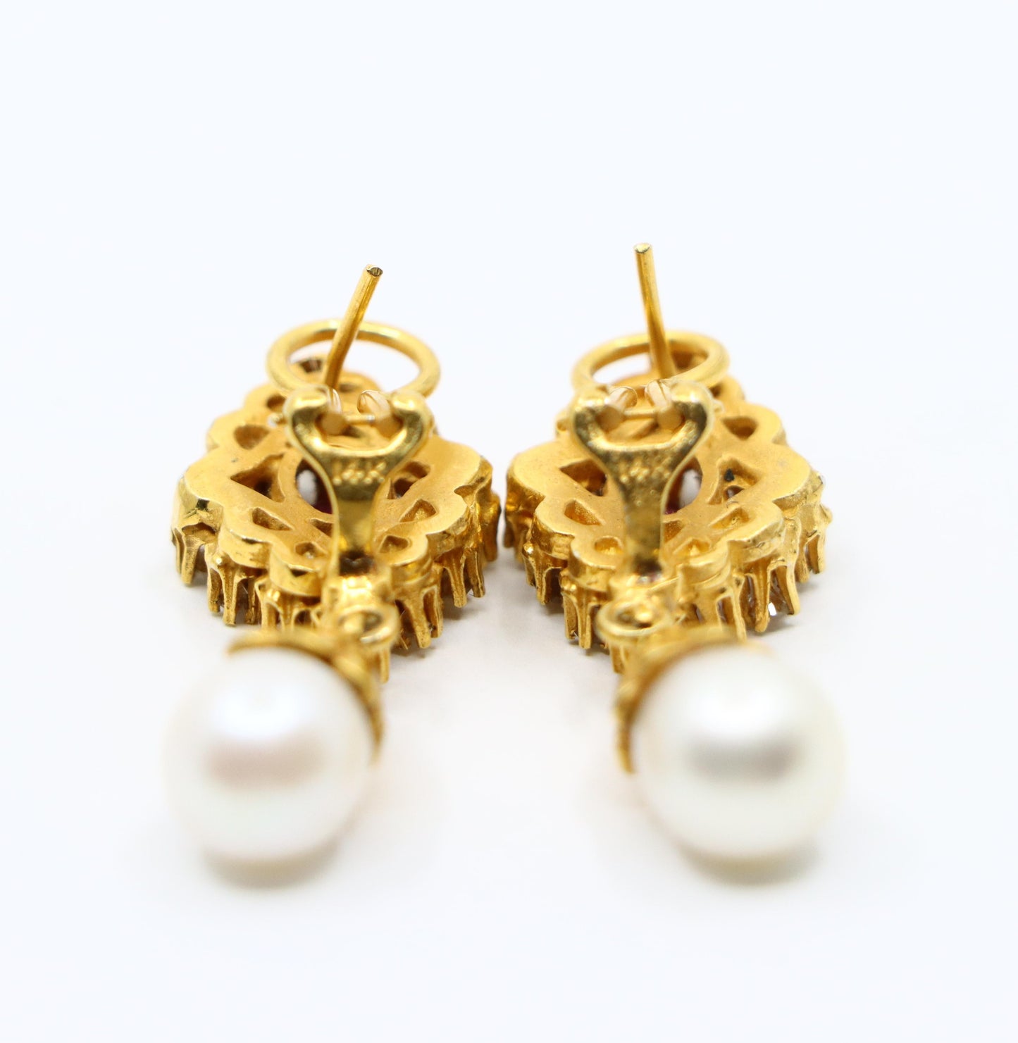 Vintage 14k Gold Ruby Diamonds Pearl Earrings