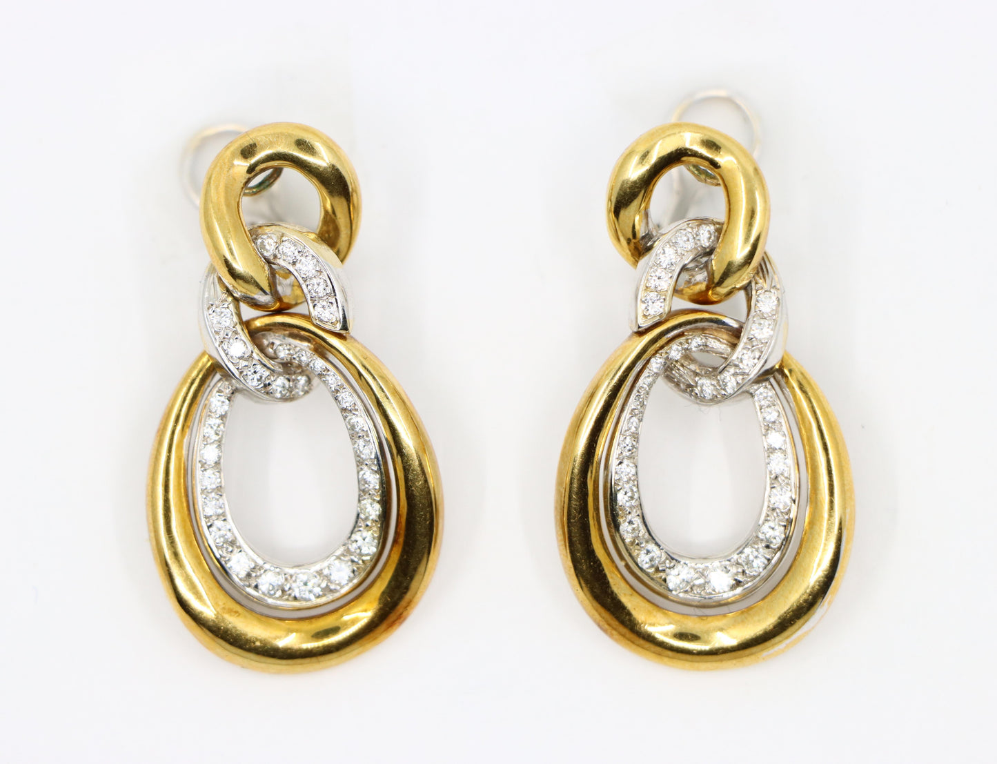 Vintage 18K White & Yellow Gold Diamonds Twisted Double Oval Hoop Earrings